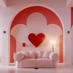 a white couch sitting under a large red heart on a wall
