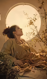 a woman laying on a bed under a round window