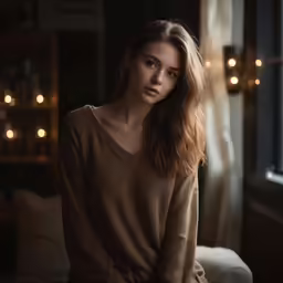 a woman in a sweater posing next to a window