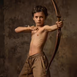 a shirtless boy holding an arrow in front of him