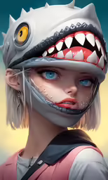 a girl with a monster mask and blue eyes