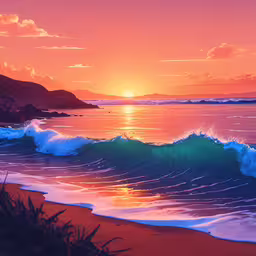 there are sun rise and a bright orange sky over the ocean,the sun setting behind a body of water with waves crashing in front of it