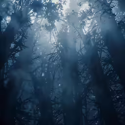 the back side of some trees that is covered in mist