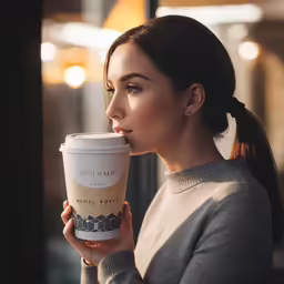 a woman drinking from a coffee cup