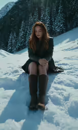 woman with short hair in cold winter outfit sitting on snow