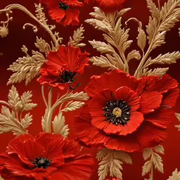 a vase with red flowers in it and green leaves