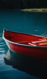 small red boat with paddles floating on calm blue water