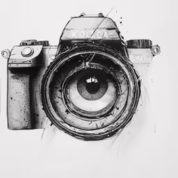 an ink drawing of a camera with the lens in front of it