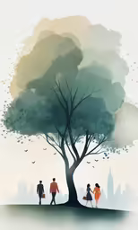 a group of people under a tree with skyline in the background