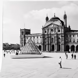 a large building with a pyramid on top in front of it