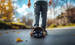 a young person riding a skateboard with a helmet on the ground