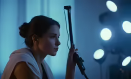 the woman with her gun sits in a dark room