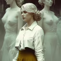 a woman stands in front of mannequins with white shirts