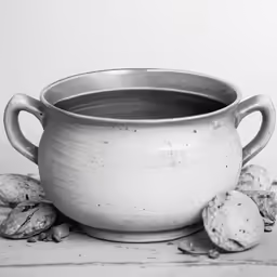 an old pot with nuts and kernels next to it