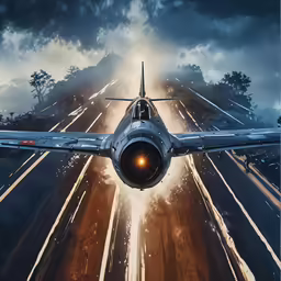 a plane flying over a road with lots of traffic