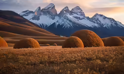 several round hay bales are in a field with the mountains and grass covered hills in the background
