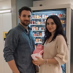 a man and a woman posing for a picture in front of a store fridge