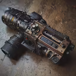 a camera with a long lens attached is on the floor