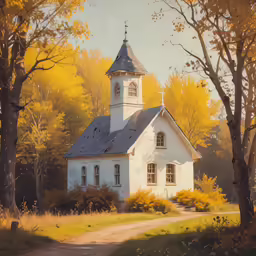 a small white church sits in a rural area