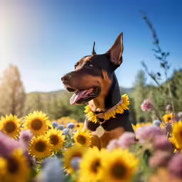 a doberman posing in a sunflower field