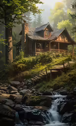 an old rustic cabin in the woods near a creek