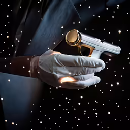 a close - up of a person wearing gloves holding a revolver