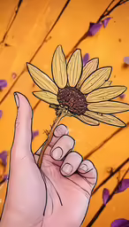a person holding up a yellow flower in front of a yellow background