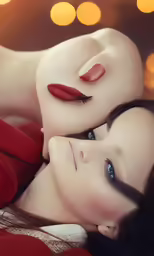 a beautiful woman laying down in a red dress