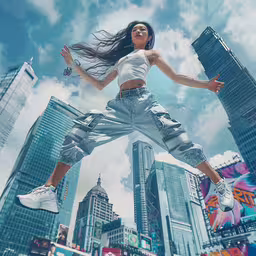 woman standing in the air, looking into the sky,woman jumps high in the air among large cityscapes