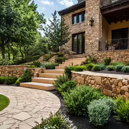 stone steps that lead up to a patio