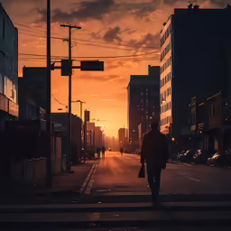 the person walks on a street near a very tall building
