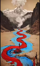 a river with blue and red water and a mountain