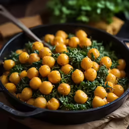 the chickpeas are tossed in greens and seasoning