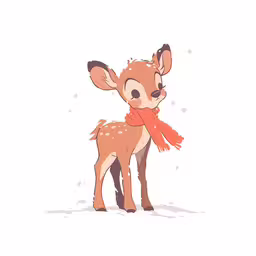 a fawn in the snow wearing a red scarf,a deer is standing in the snow with a scarf around his neck