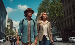 a couple dressed like indiana jones walking down a street