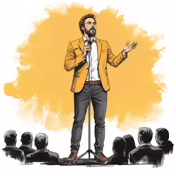 a person is speaking on a stage with several people