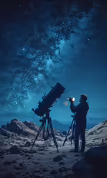 a man standing in front of a telescope watching stars