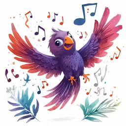 a cartoon bird is flying with music notes and plants around it