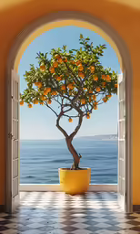 an orange tree inside a pot on a tile floor
