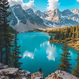 people standing on the edge of a lake surrounded by mountains