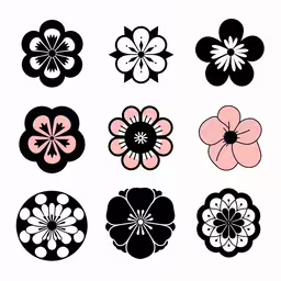 a number of different shapes and colors of flowers,a bunch of black and pink flowers