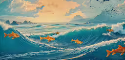 a painting of several fishes swimming through a wave,several fish swimming near each other in the ocean