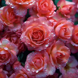 a bunch of water droplets covering pink roses,several red roses with drops of water on them
