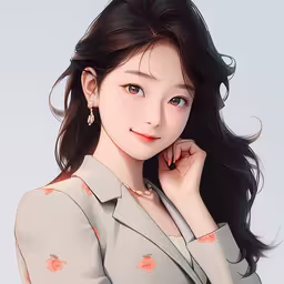 asian woman in grey and red shirt posing for a picture,an image of a woman that is wearing a suit