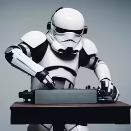 a storm trooper is playing with an electronic device