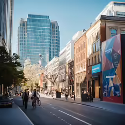 pedestrians and bicyclists move through the city streets