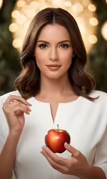 a woman holding an apple with an advertisement on it