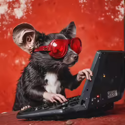 a dog wearing a pair of red goggles working on a laptop