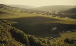 an open field has a red building sitting in it