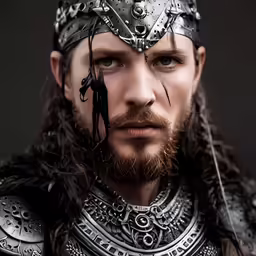a man wearing armor with braids and a beard